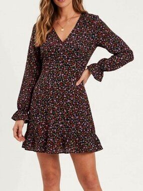 Zara Floral Long Sleeve Mini Dress w/Ruffle Hem NEW- Sz. XS